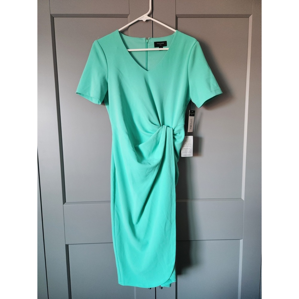 New $129 Tahari ASL Side Knot Sheath Dress 2 Women V Neck Stretch Seafoam NWT